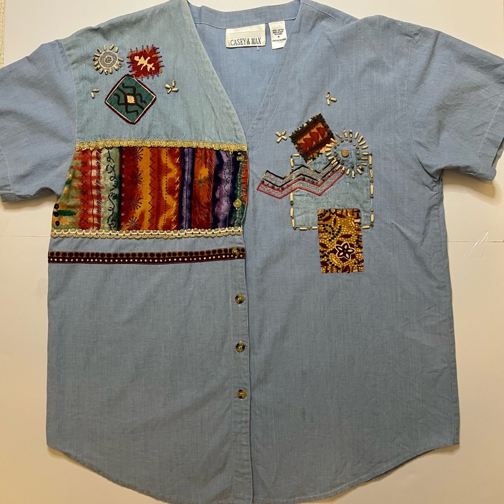 Boho Patchwork Embroidered Beaded Shirt Casey & M… - image 1